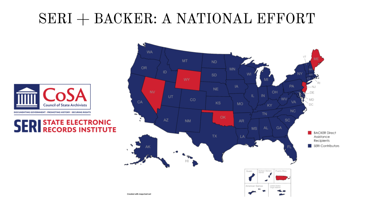 Map showing BACKER/SERI participants across 56 state, territory and DC archives